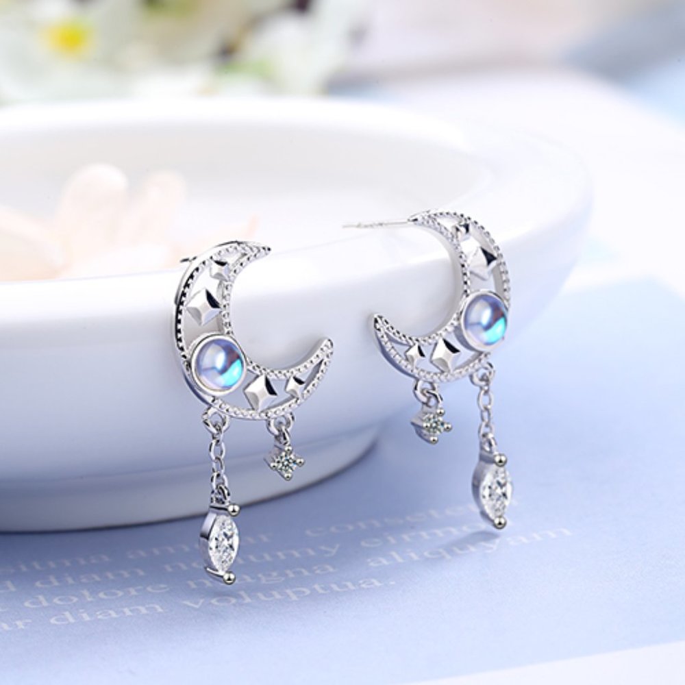 NEW Silver Hollow Moon Zircon Tassel Dangle Earrings - Picture 3 of 7